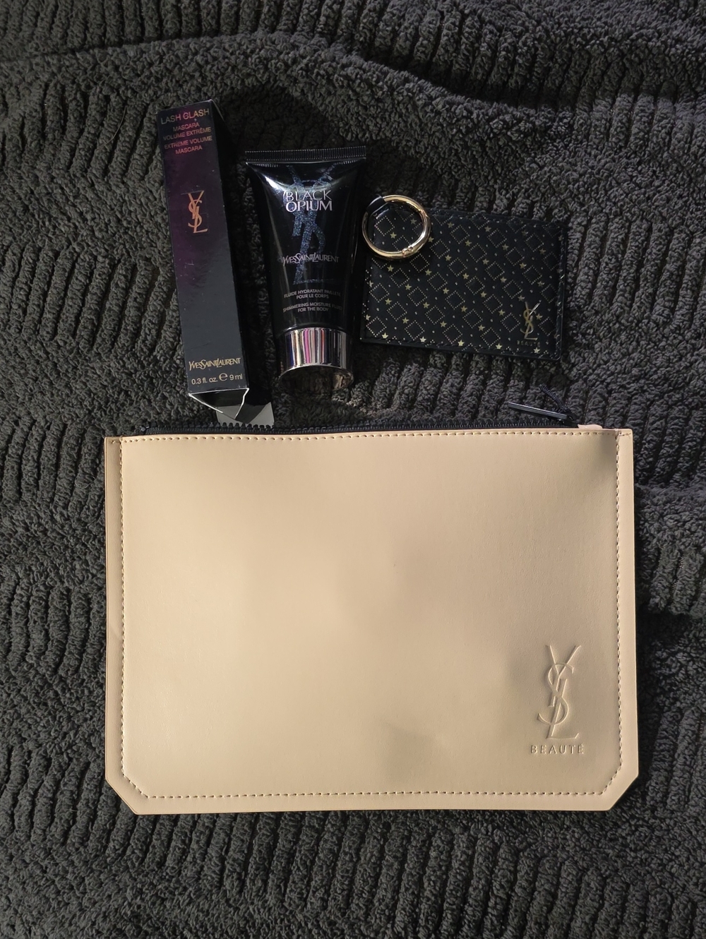 Yves Saint Laurent Cream Leather Zip Pouch with Embossed YSL Bundle
